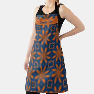 Abstract floral kaleidoscope dark blue orange apron