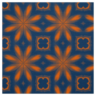Abstract floral kaleidoscope dark blue orange fabric
