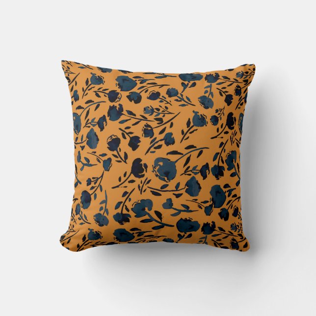 Abstract Floral Mustard & Blue Chic Monogram Cushion (Front)