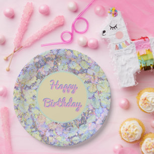 Abstract Floral, pastel colours/Happy Birthday Paper Plate