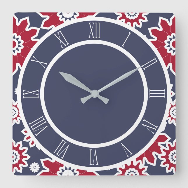 Abstract floral pattern, burgundy, white, blue square wall clock (Front)