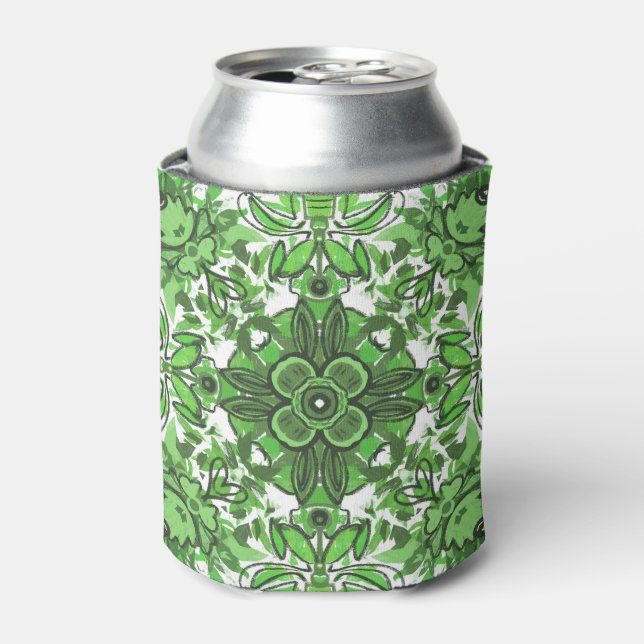 Abstract Floral Pattern In Black Green On White Can Cooler (Can Front)
