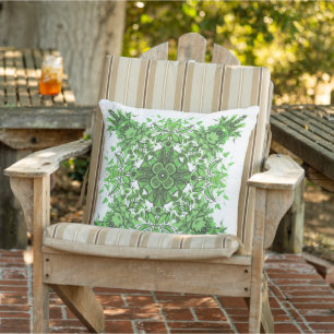 Abstract Floral Pattern In Black & Green On White Cushion