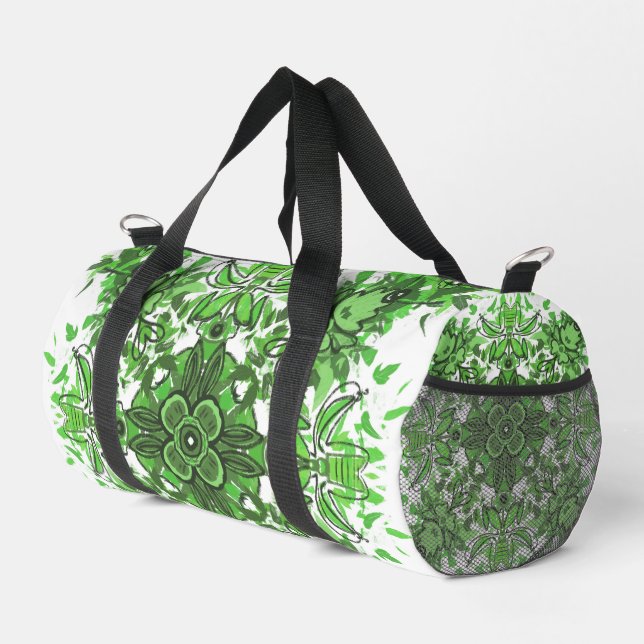 Abstract Floral Pattern In Black & Green On White Duffle Bag (Right Corner)
