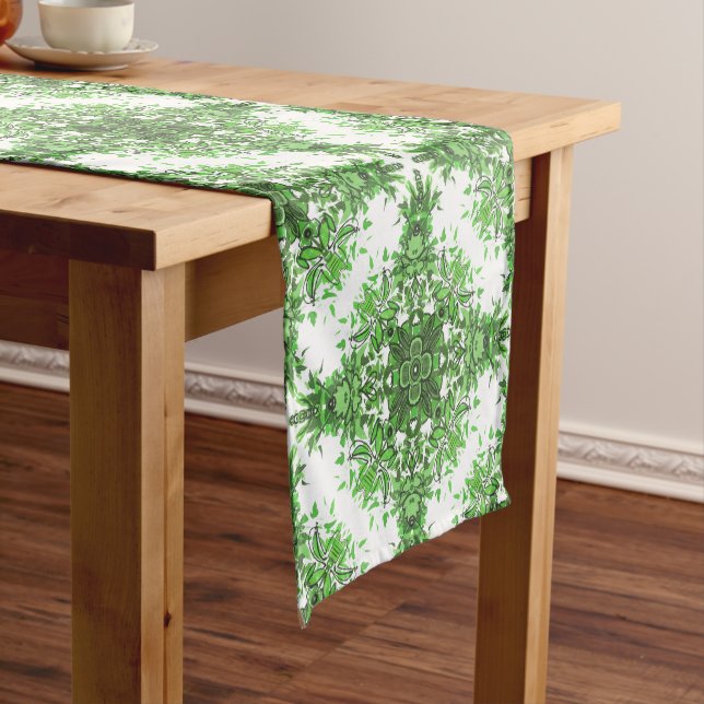 Abstract Floral Pattern In Black & Green On White Short Table Runner (In Situ)