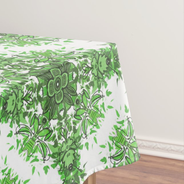 Abstract Floral Pattern In Black & Green On White Tablecloth (In Situ)