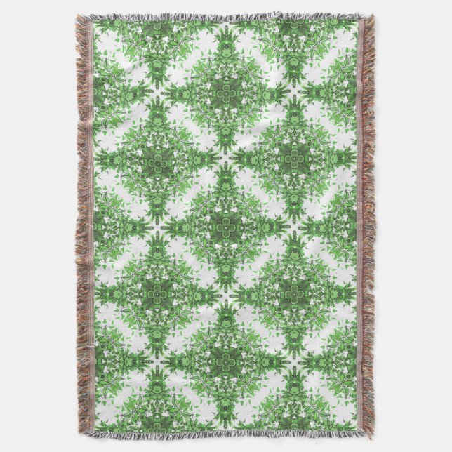 Abstract Floral Pattern In Black & Green On White Throw Blanket (Front Vertical)