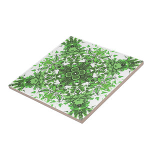 Abstract Floral Pattern In Black Green On White Tile
