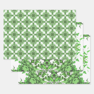 Abstract Floral Pattern In Black Green On White Wrapping Paper Sheet