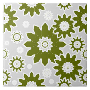 Abstract floral pattern, olive green, white, grey tile