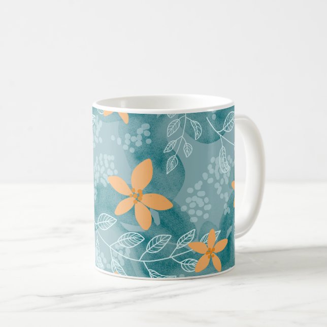 Abstract floral pattern orange teal coffee mug (Front Right)