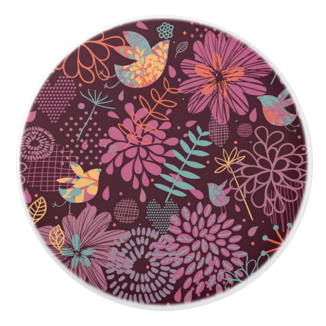 Abstract floral pattern with birds ceramic knob (Front)
