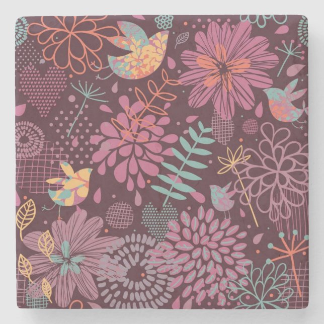 Abstract floral pattern with birds stone coaster (Front)