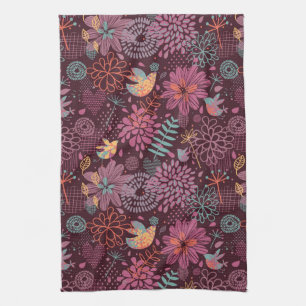 Abstract floral pattern with birds tea towel