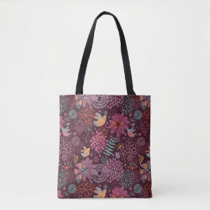 Abstract floral pattern with birds tote bag
