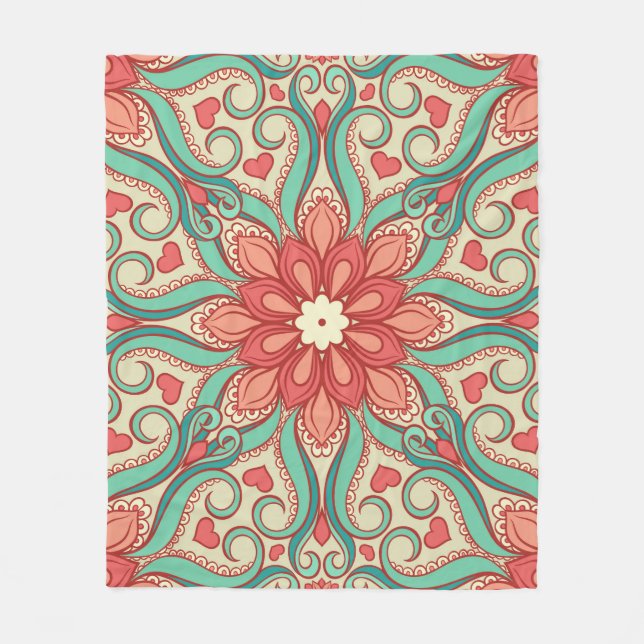 abstract floral pattern with hearts on a light gre fleece blanket (Front)