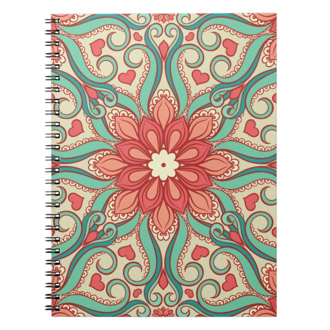 abstract floral pattern with hearts on a light gre notebook (Front)
