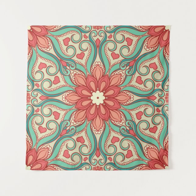 abstract floral pattern with hearts on a light gre tapestry (Front)