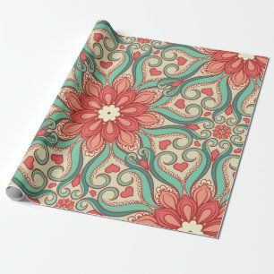 abstract floral pattern with hearts on a light gre wrapping paper