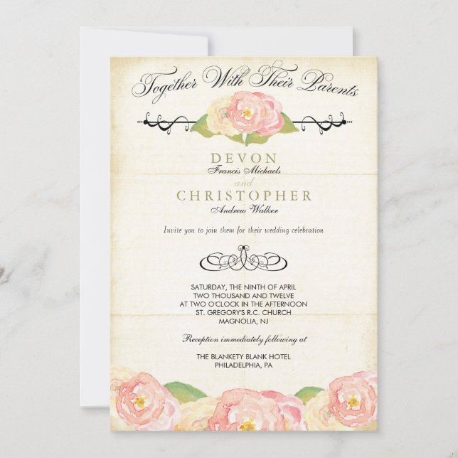 Abstract Floral Pink & Cream Wedding Invitation (Front)