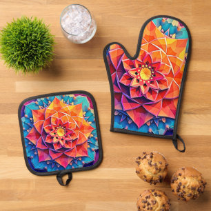 Abstract Floral Prism Energy Print Art Oven Mitt & Pot Holder Set