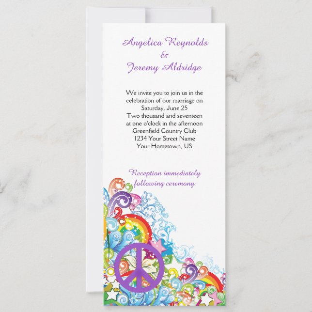Abstract Floral Purple Peace Sign Post Wedding Invitation (Front)