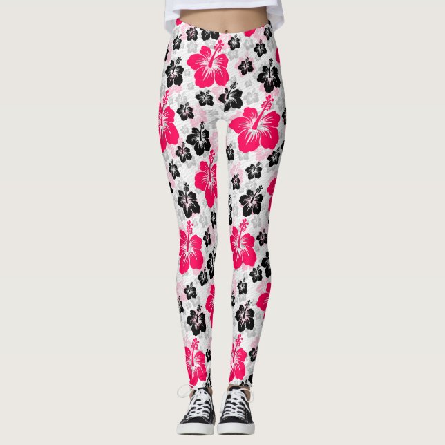 Abstract Floral Red Black White Leggings (Front)