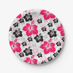 Abstract Floral Red Black White Paper Plate