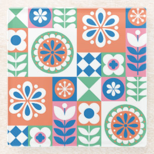 Abstract Floral, Scandinavian Folk Design. Glass Coaster