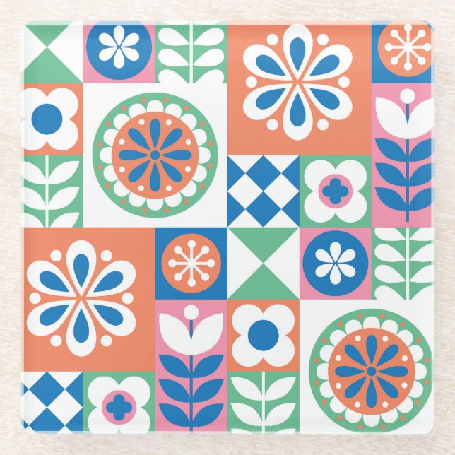 Abstract Floral, Scandinavian Folk Design. Glass Coaster (Front)