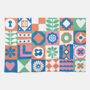 Abstract Floral Scandinavian Folk Pattern Tea Towel
