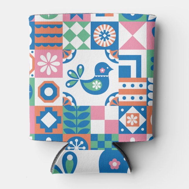 Abstract Floral Scandinavian Folklore Card Can Cooler (Front)