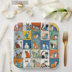 Abstract Floral Sitting Cats Colour Block Patchwor Paper Plate
