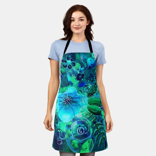 Abstract Floral Teal Blue Green Leaves Flowers Apron (Worn)