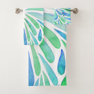 Abstract floral watercolor burst aqua and blue bath towel set