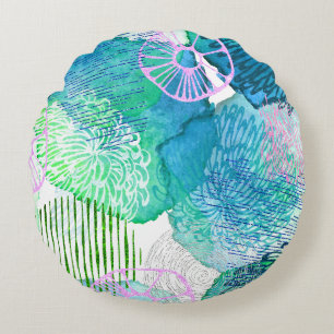 Abstract floral watercolor floral blue white pink round cushion