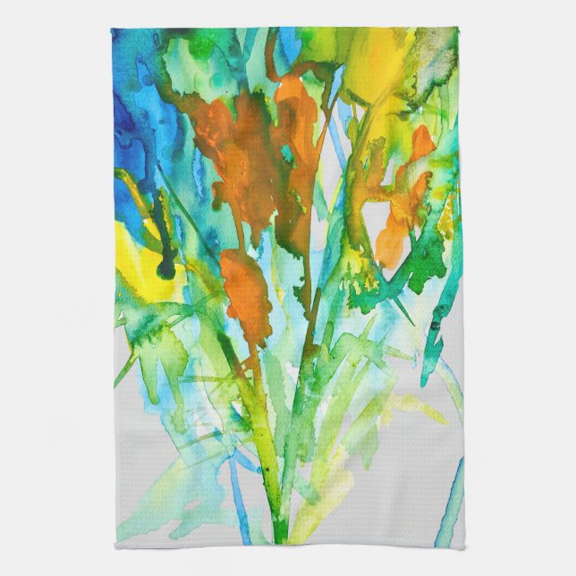Abstract floral watercolor flowers tea towel (Vertical)
