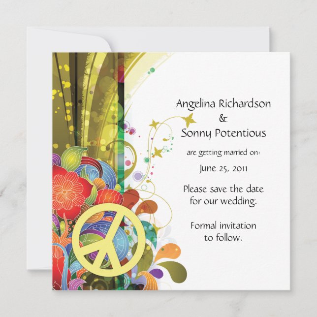 Abstract Florals and Peace Sign Save The Date (Front)