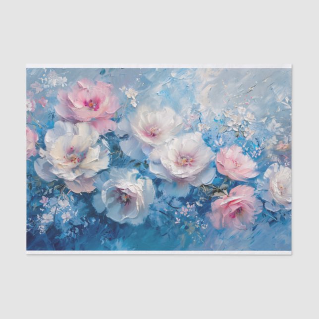 Abstract Florals Pink Blue Oil Painting Decoupage Tissue Paper (Front)