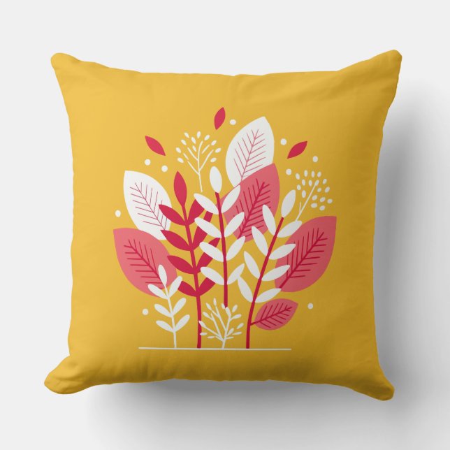 Abstract Florals Pink on Yellow Cushion (Front)