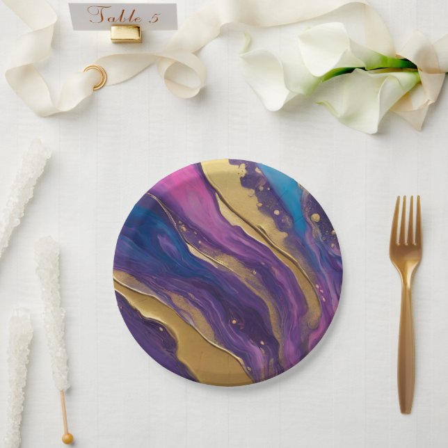 Abstract Flow Art-Blue Purple Pink and Gold- Paper Plate (Wedding)