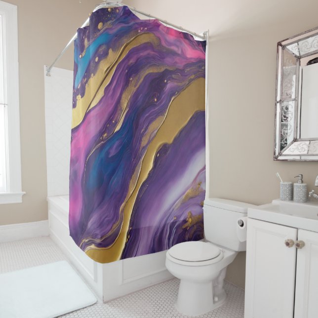 Abstract Flow Art- Blue Purple Pink and Gold- Shower Curtain (In Situ)