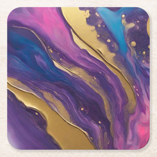 Abstract Flow Art-Blue Purple Pink and Gold- Square Paper Coaster (Front)