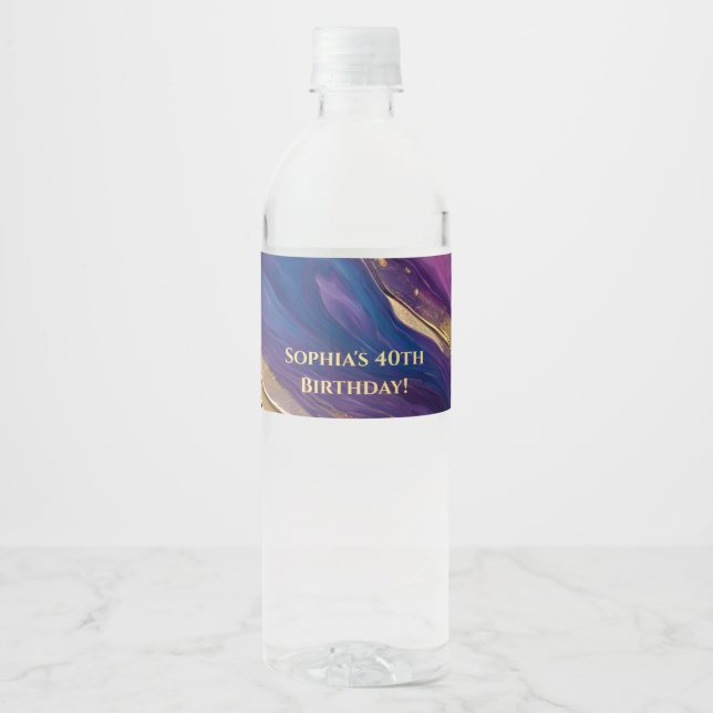 Abstract Flow Art- Blue Purple Pink and Gold- Water Bottle Label (Front)