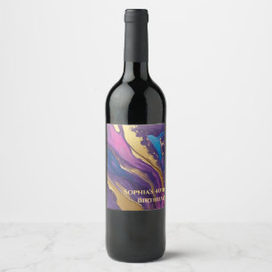 Abstract Flow Art- Blue Purple Pink and Gold- Wine Label