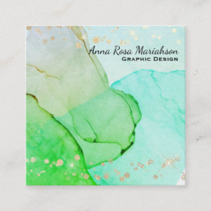 *~* Abstract Flow Bubbles Mint Green Yellow Blue Square Business Card