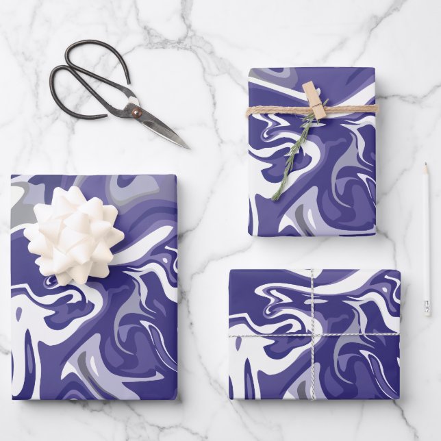 Abstract Flow with Navy Blue, White, & Grey Wrapping Paper Sheet (Front)