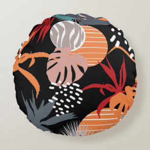 Abstract flower and tropical leaves drawing seamle round cushion
