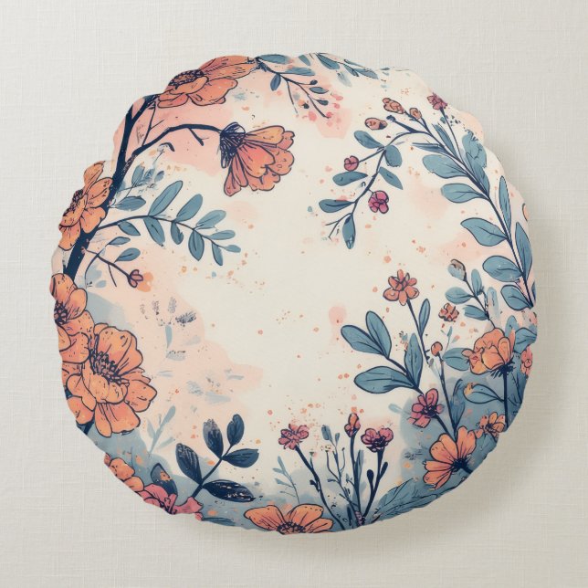 Abstract Flower Designed Round Pillow (Front)