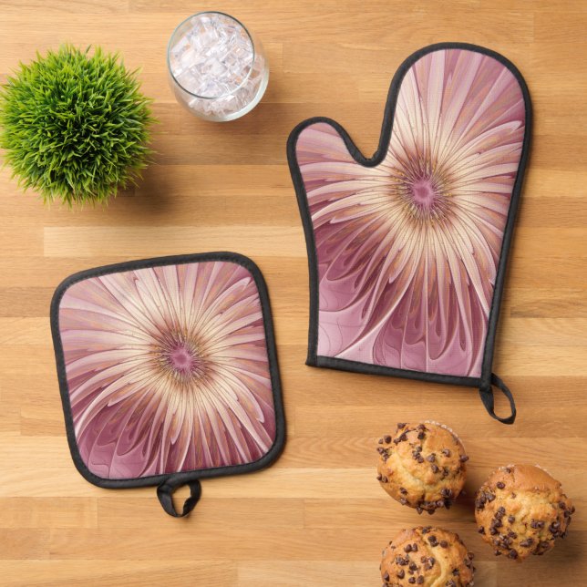 Abstract Flower Fractal Art & Shades of Burgundy Oven Mitt & Pot Holder Set (Top Down)